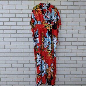 Vintage 70s Caftan Lounge Dress Wild Colorful Large Floral Polyester